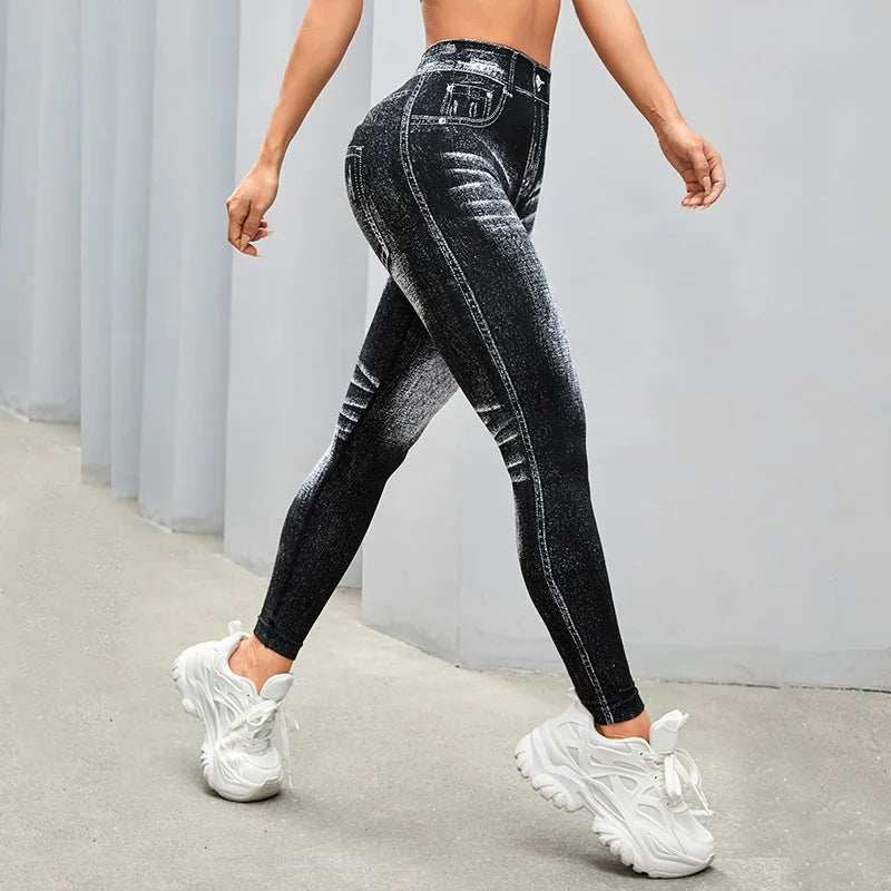 Women's Denim Look Full Length Leggings For Workout Outfits