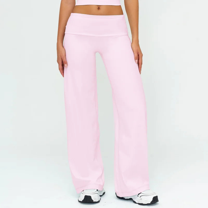 Women's Fold Over Waist Nylon Blend Wide Leg Pants for Casual Activewear