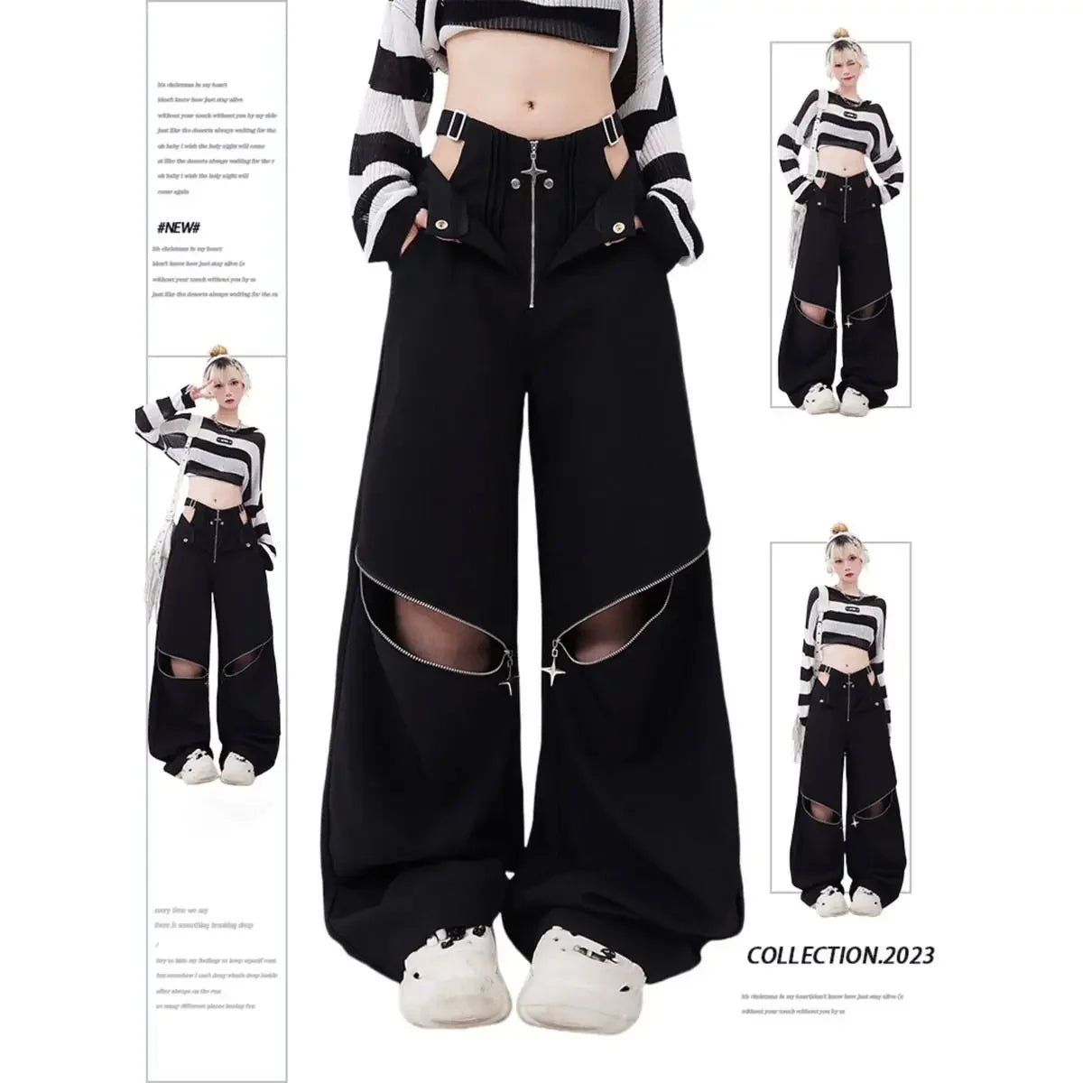 Women's Black Wide Leg Pants with Cutout Knees and Zip Details