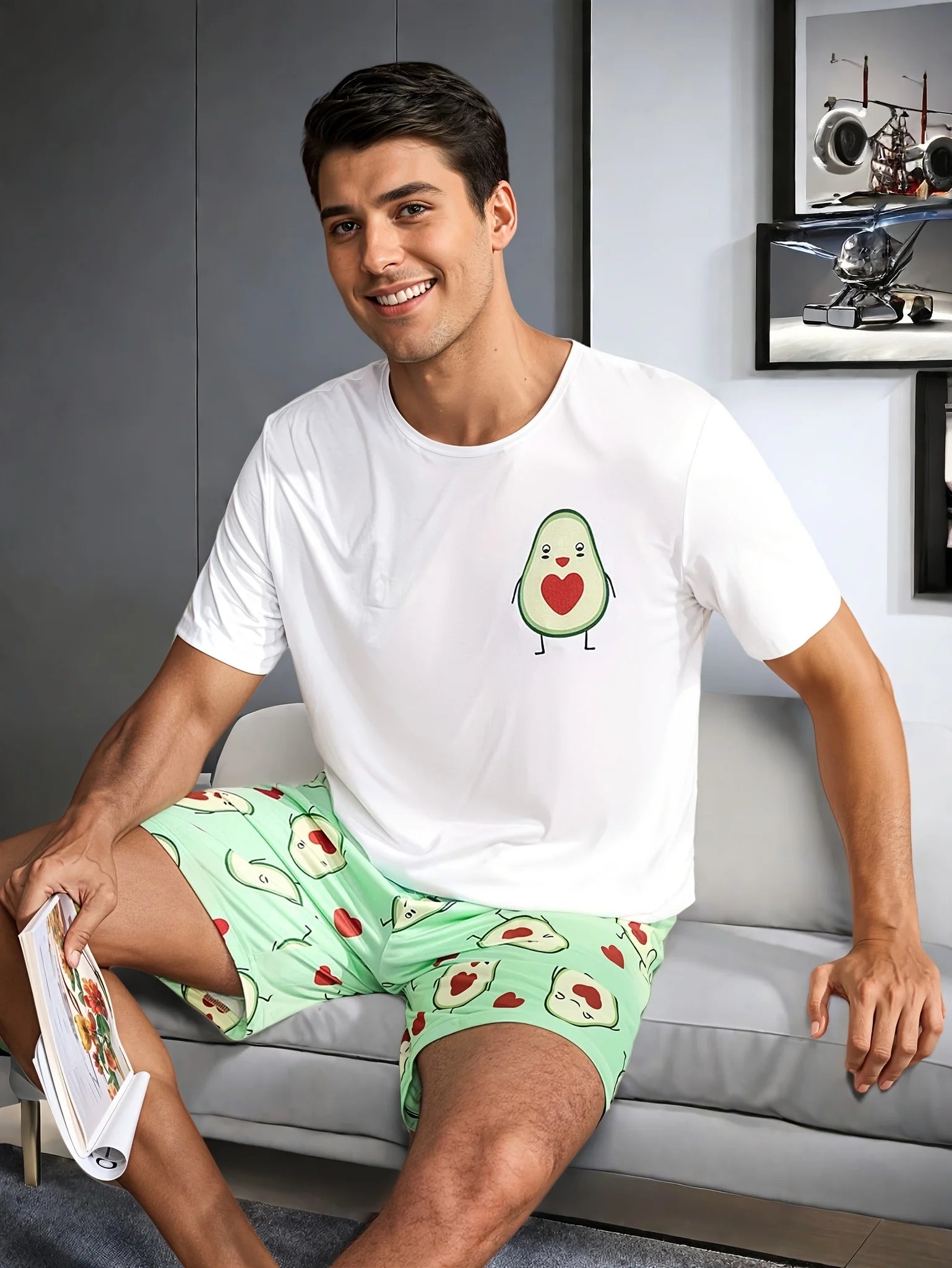 Men's Avocado Print T Shirt and Shorts Pajama Set