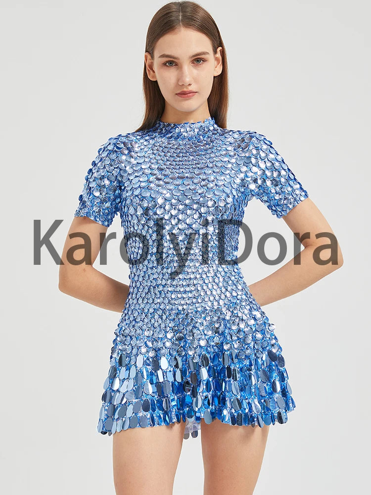 Women's Disc Sequin Mini Dance Dress with Short Sleeves and High Neck
