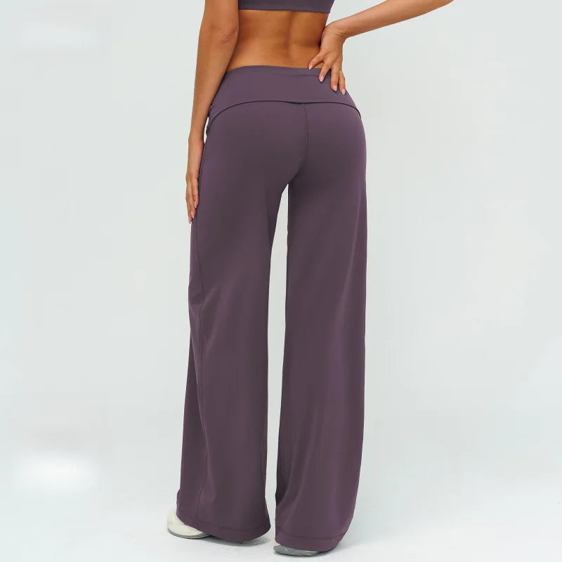 Women's Fold Over Waist Nylon Blend Wide Leg Pants for Casual Activewear