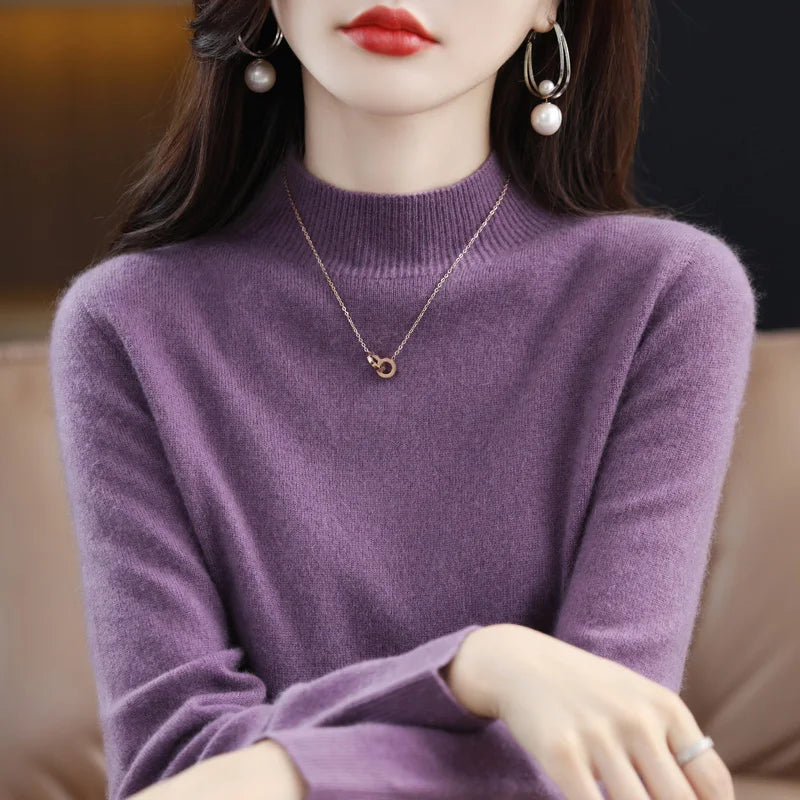 Women's Plain Mock Neck Long Sleeve Sweater Casual Knit Layer
