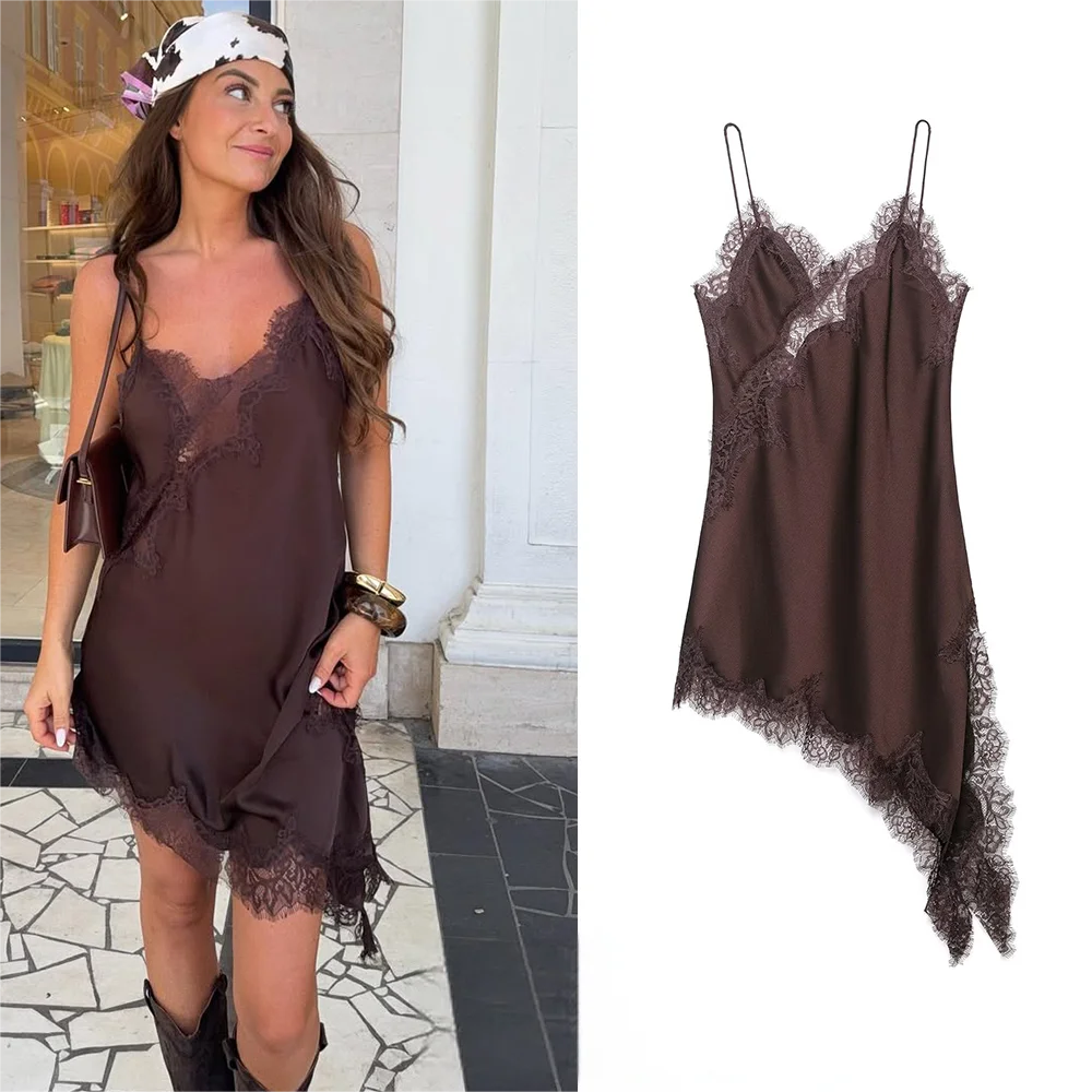 Women's Lace Trim Satin Polyester Camisole with Asymmetric Hem and Length Options