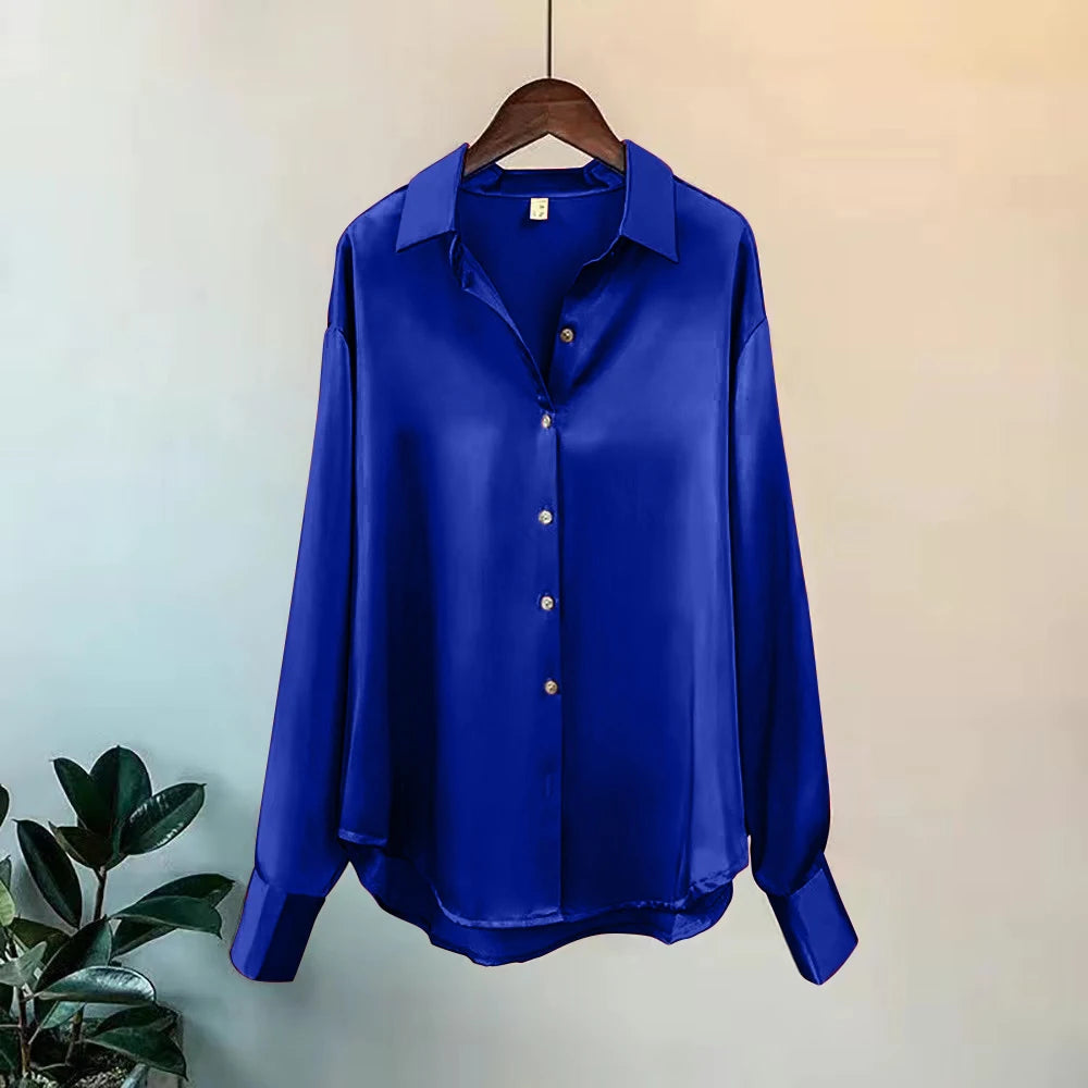 Women's Satin Look Long Sleeve Button Front Shirt