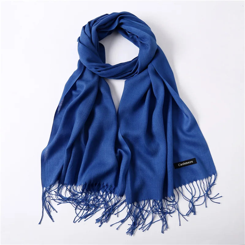 Solid Long Rectangular Scarf with Fringed End Trim