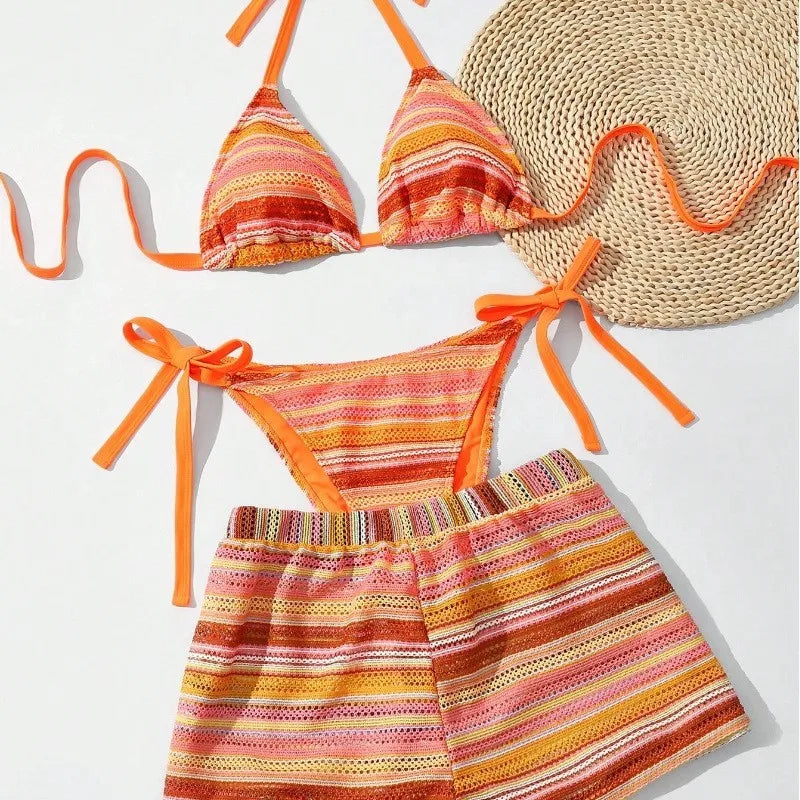 Women's Striped Triangle Bikini with Matching Swim Shorts