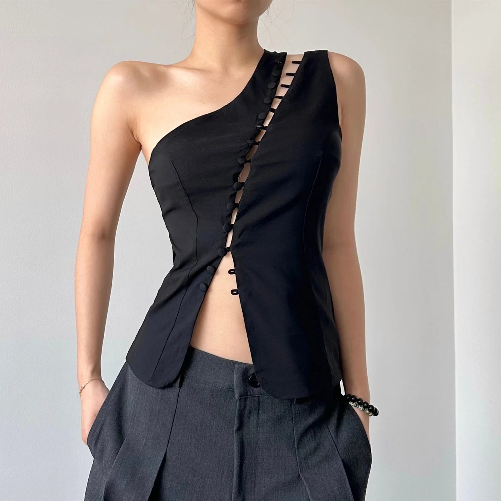 Women's One Shoulder Polyester Blend Blouse with Diagonal Hook and Eye Detail