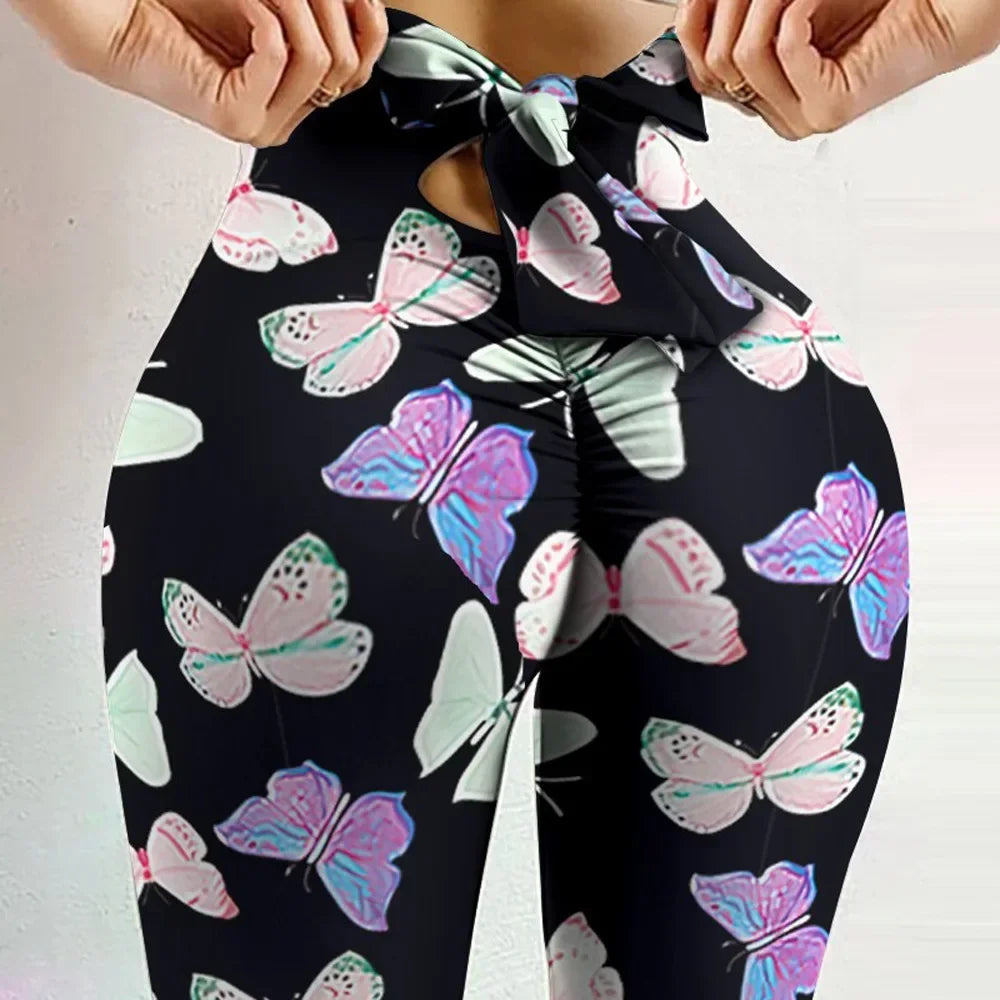 Women's High-Waist Printed Stretch Leggings with Tie Waist