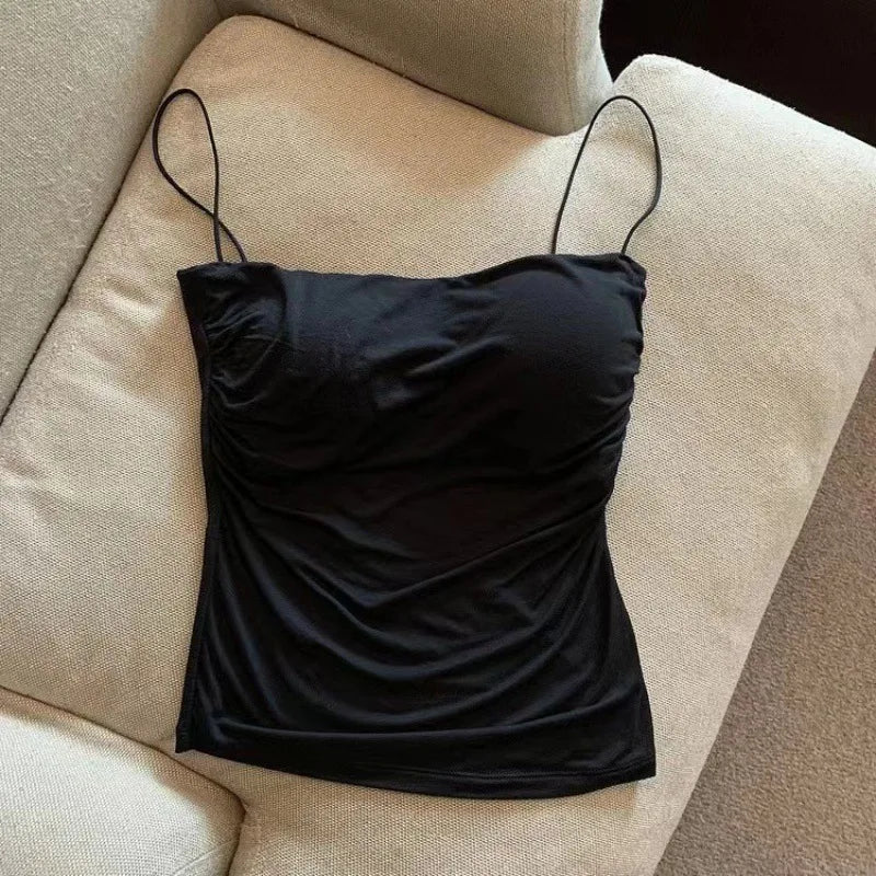 Women's Ruched Crop Top with Thin Shoulder Straps and Cropped Length