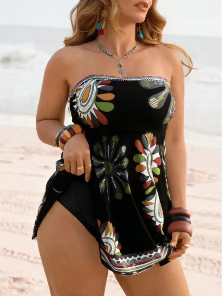 Women's Floral Print Strappy Swimdress with Skirted Silhouette