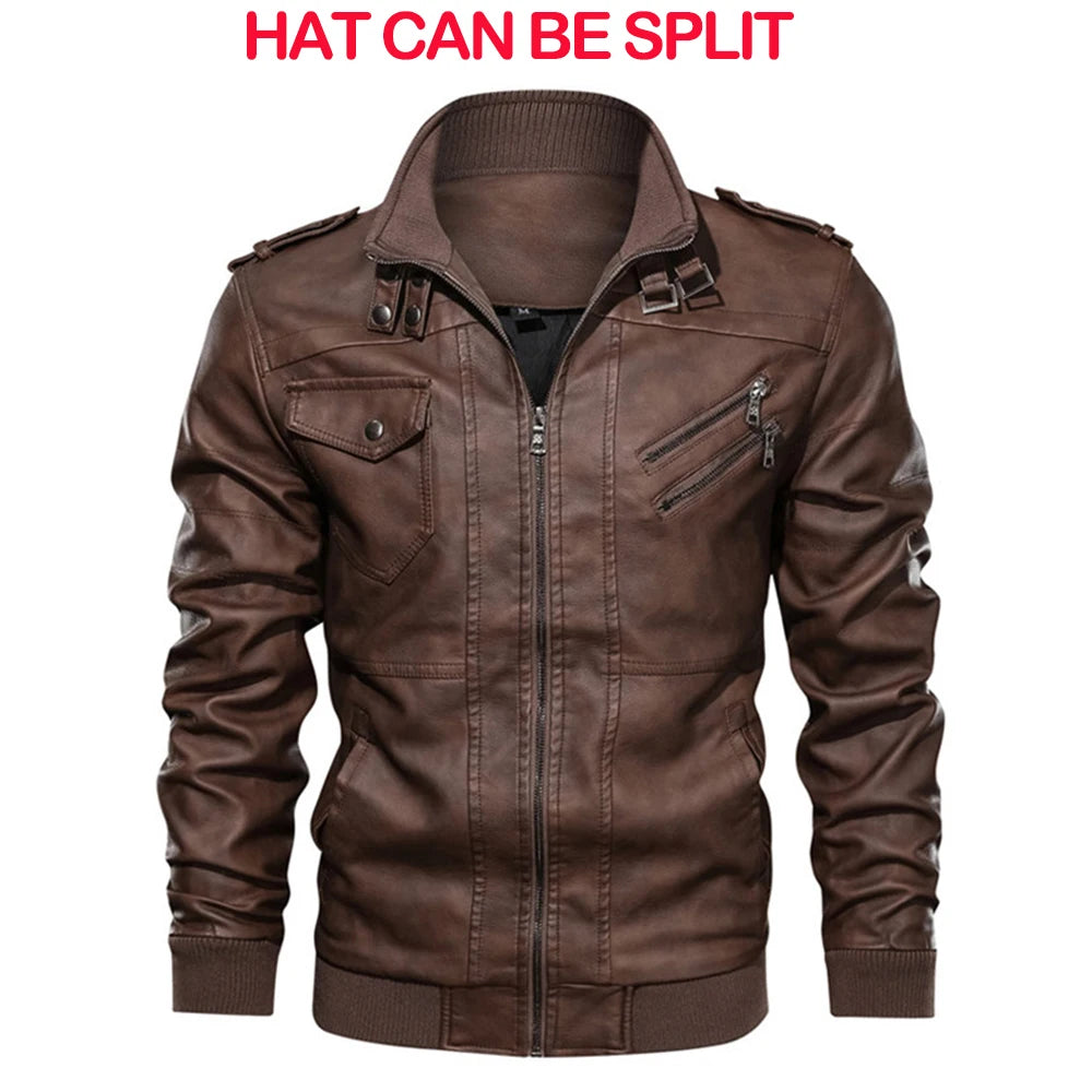 Men's Faux-Leather Biker Jacket with Detachable Hood