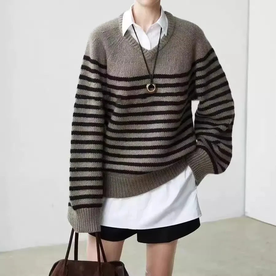 High-end V-neck striped 100% wool knitted sweater loose pullover sweater women wool base layer