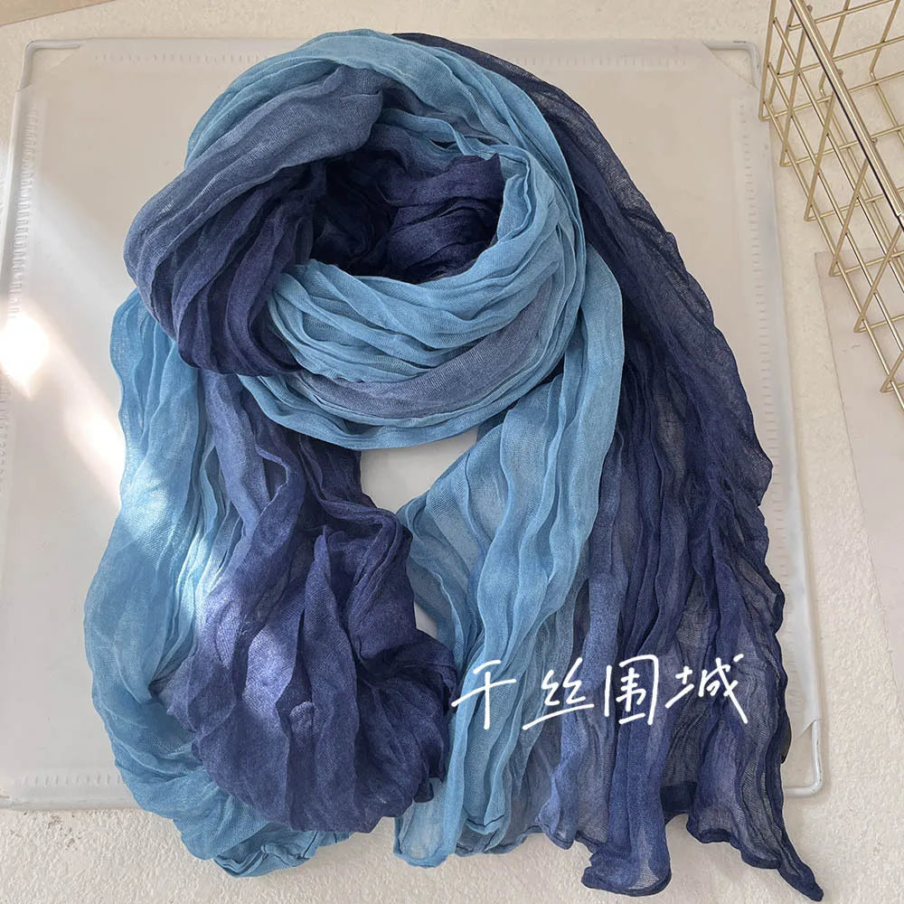 Gradient Crinkled Long Scarf with Rectangular Wrap Shape