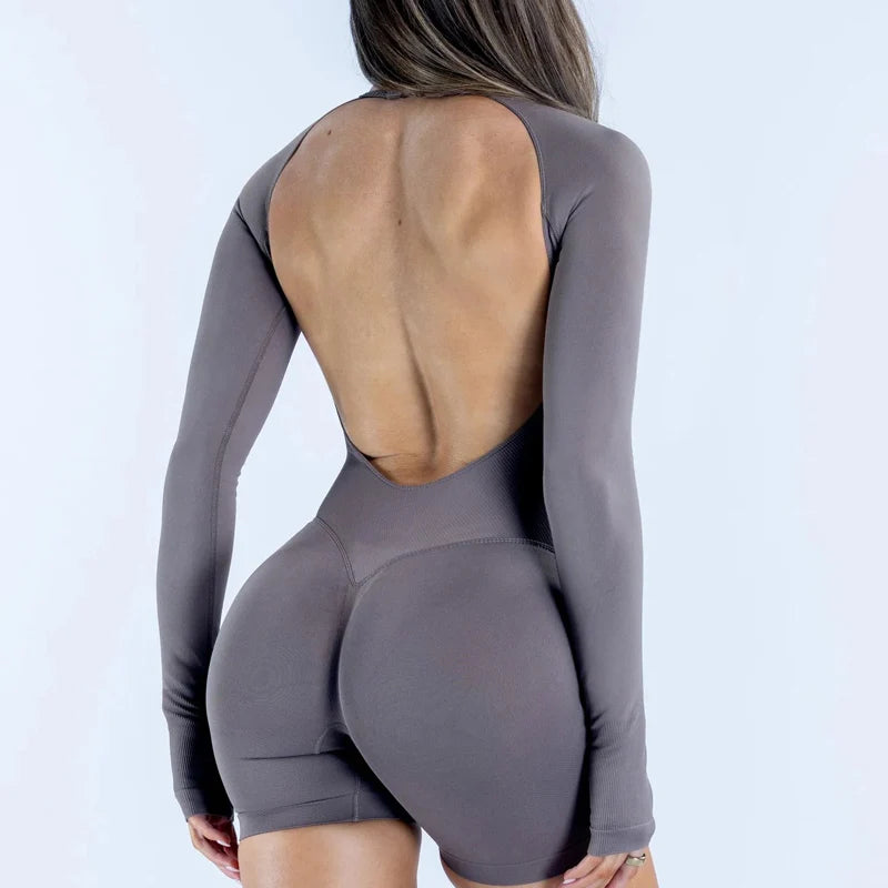Women's Long Sleeve Nylon Blend Workout Romper with Low Open Back