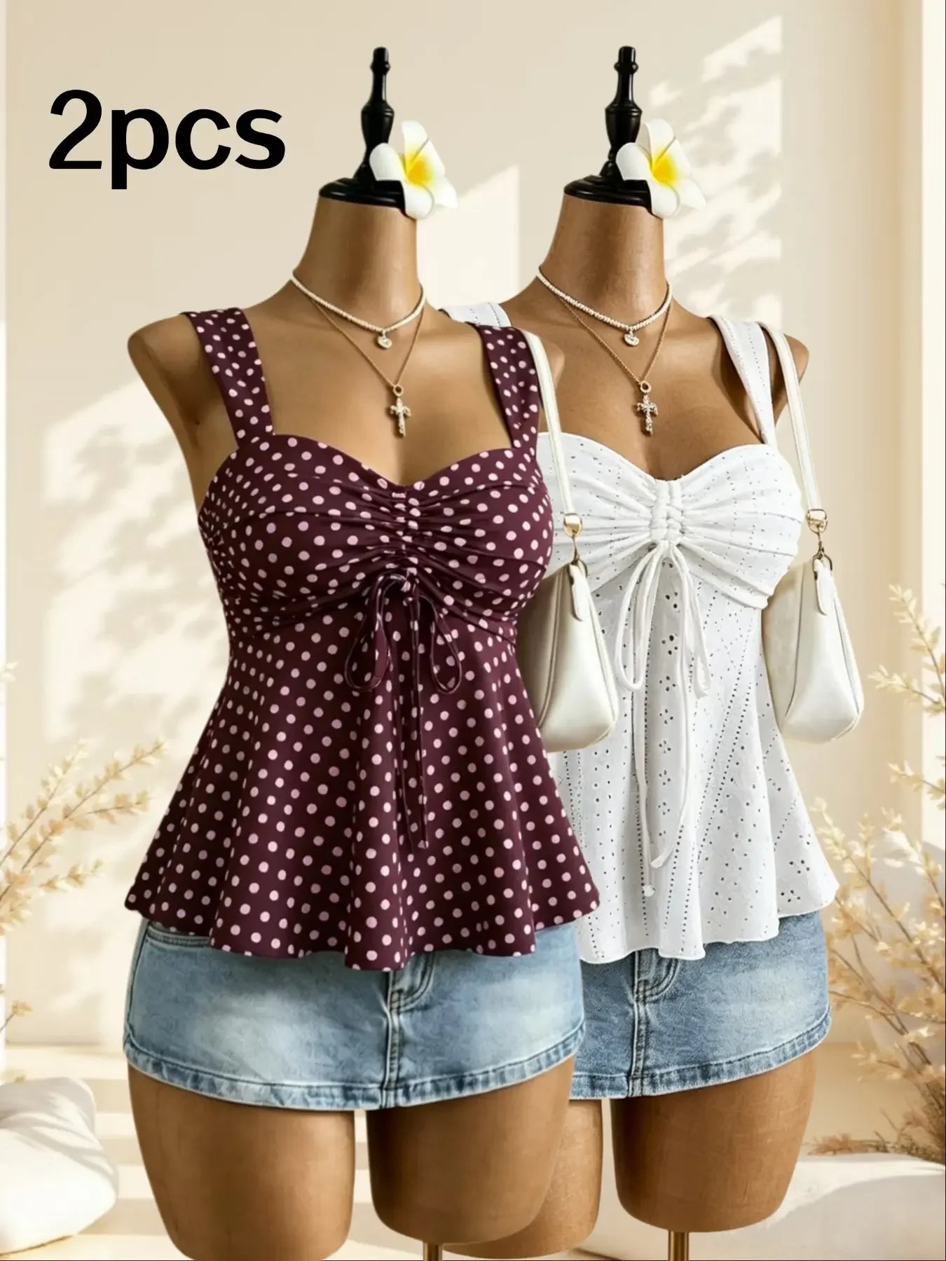 Women's Ruched Polyester Blend Peplum Camisole with Sweetheart Neck and Bow