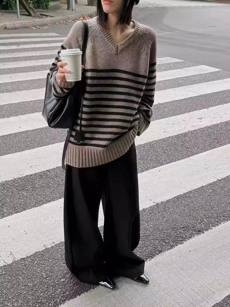 High-end V-neck striped 100% wool knitted sweater loose pullover sweater women wool base layer