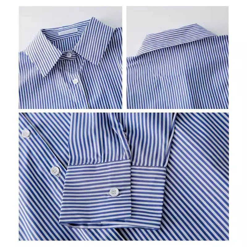 Women's Striped Collared Long Sleeve Button Front Shirt