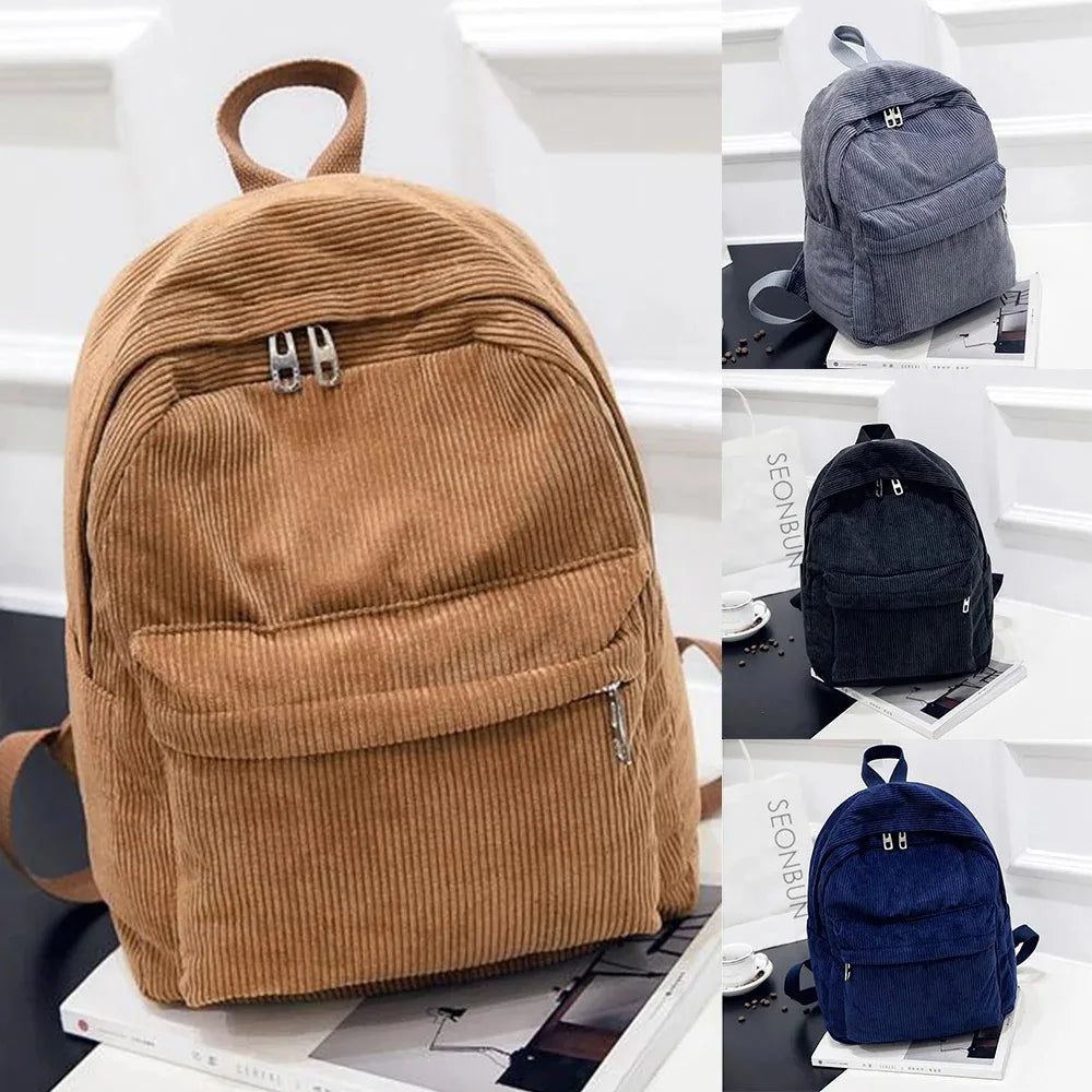Corduroy Backpack with Front Zipper Pocket and Twin Shoulder Straps