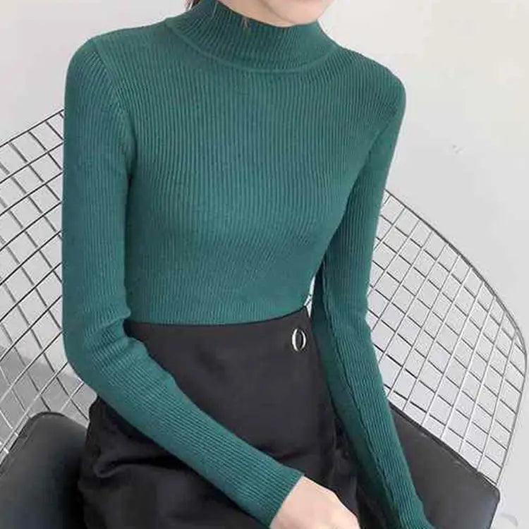 Women's Plain Roll Neck Long Sleeve Sweater Casual Knit Layer