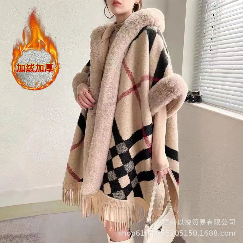 Plaid Hooded Fringed Poncho for Layering over Outfits