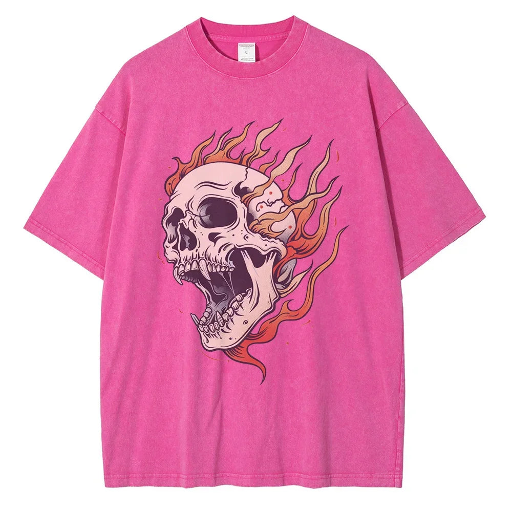 Men's Flame Skull Printed T-shirt Thick Cotton Washed T-shirt,Large Retro Top