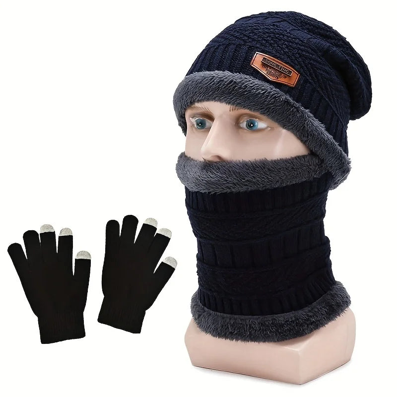 Knitted Beanie Hat Scarf and Touchscreen Gloves Set for Winter Wear