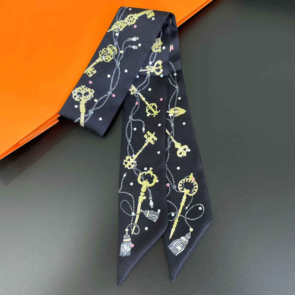 Colorful Printed Skinny Ribbon Scarf with Tie Ends