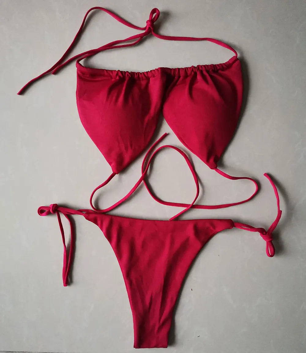Women's Tie String Triangle Bikini Top and Thong Set