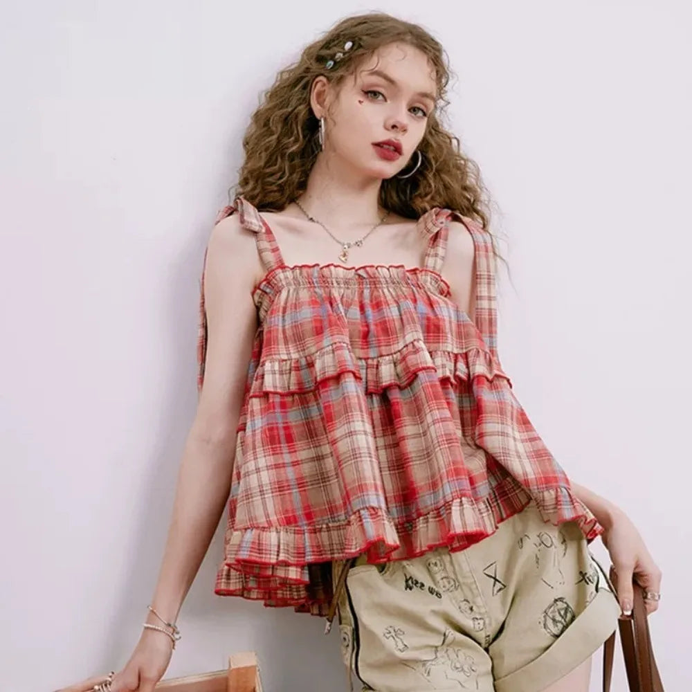 Women's Plaid Cotton Blend Babydoll Camisole with Tie Straps and Tiered Ruffles