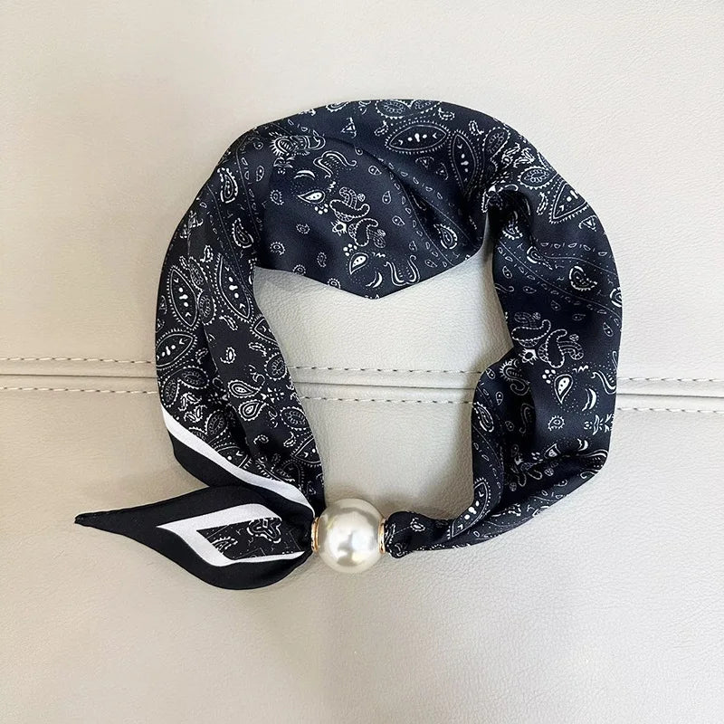 Printed Neck Scarf with Decorative Pearl Style Clasp Options