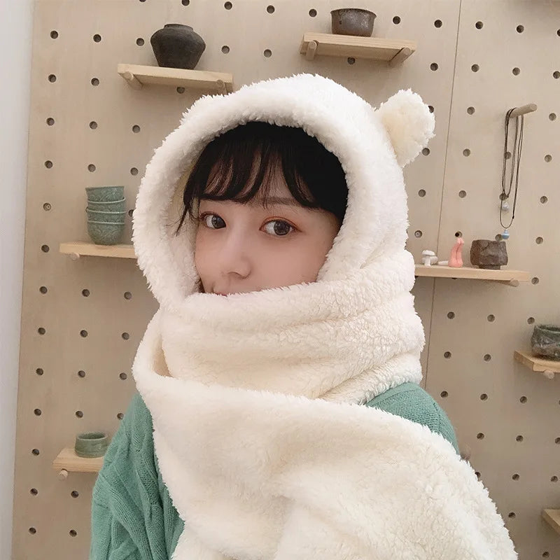 Women's Bear Plush Integrated Hat Scarf and Gloves Set for Winter