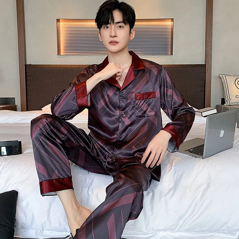 Men's Printed Lapel Button Front Shirt and Pants Pajama Set