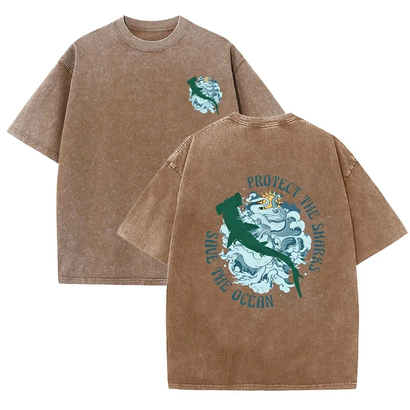 Distressed Vintage Washed Tee Double Print Shark Wave Protect Ocean Letter Loose Fit Short Sleeve T Shirts