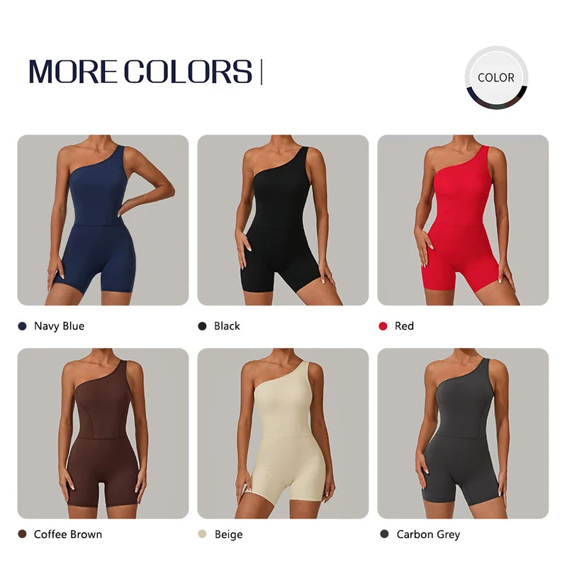 Women's One Shoulder Nylon Blend Workout Romper with Fitted Short Legs