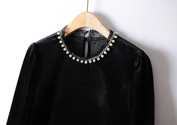 Autumn Winter Elegant Dresses For Women O Neck Diamond Drape Gold Velvet Korean Fashion Black Dress 4XL