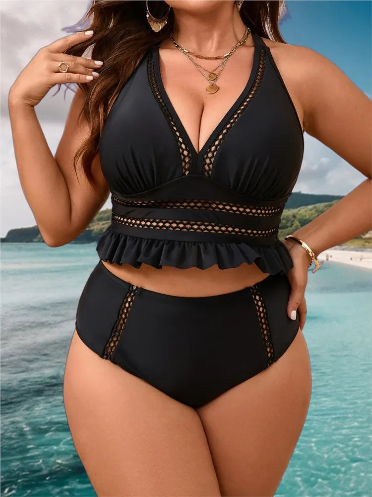 Women's Ruffle Hem Mesh Trim Top and High Waist Bikini Set