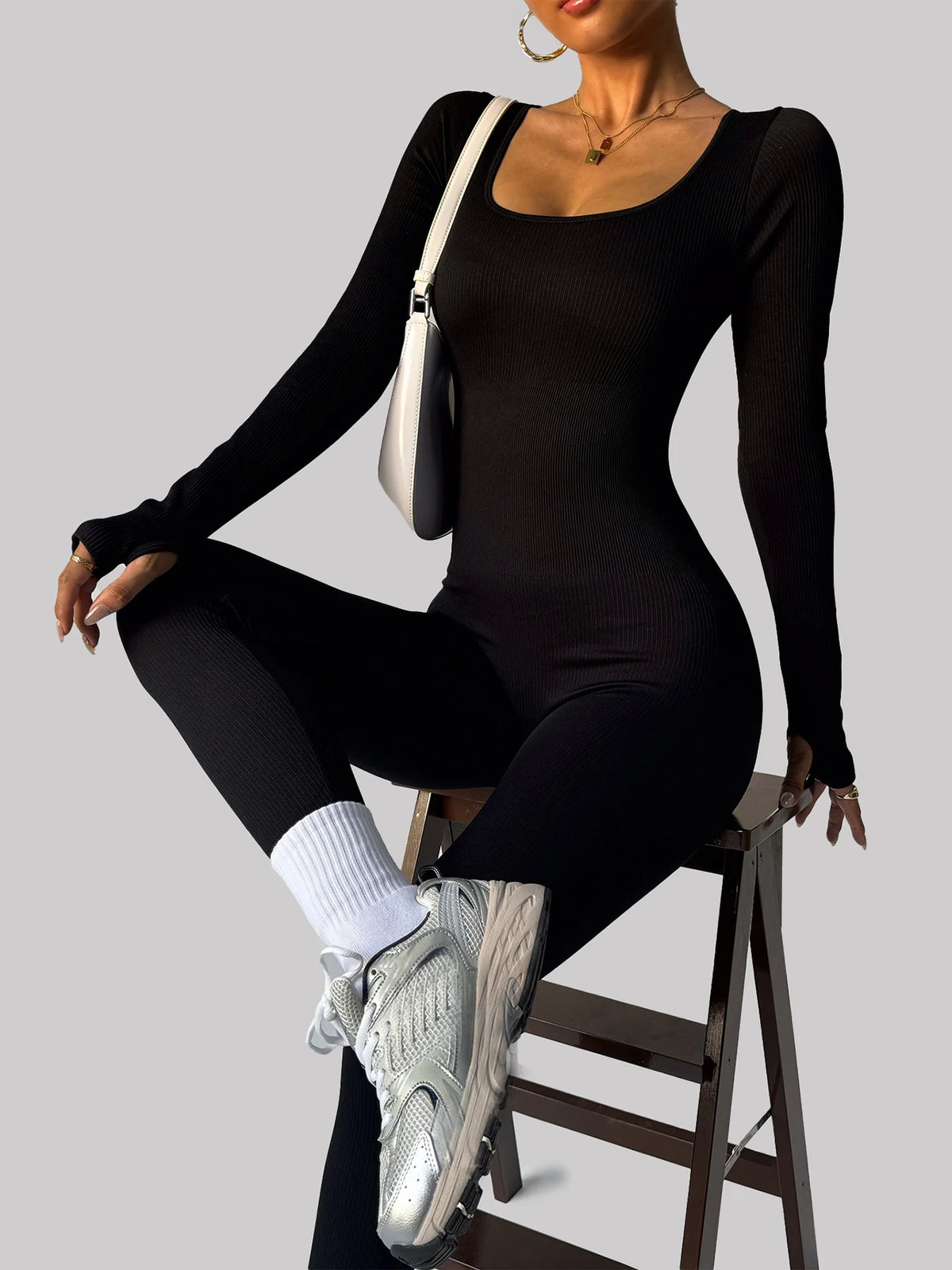 Women's Long Sleeve Ribbed Nylon Blend Workout Jumpsuit with Scoop Neck