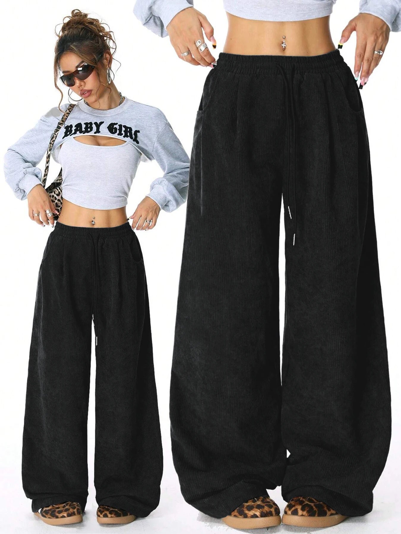 Women's Corduroy Style Drawstring Pants with Wide Legs and Pockets
