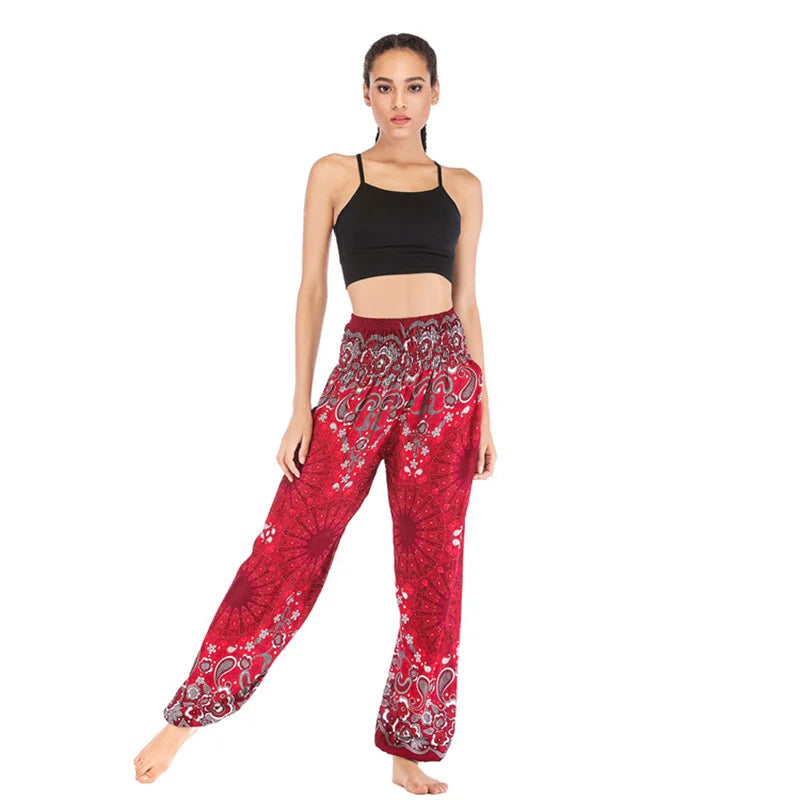 Women's Printed Nylon Harem Pants with Smocked Waist and Convertible Styling