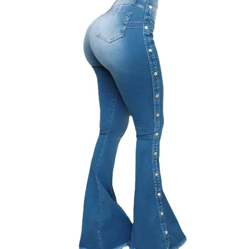 Women's Decorative Button Flared Leg Denim Jeans For Everyday Outfits
