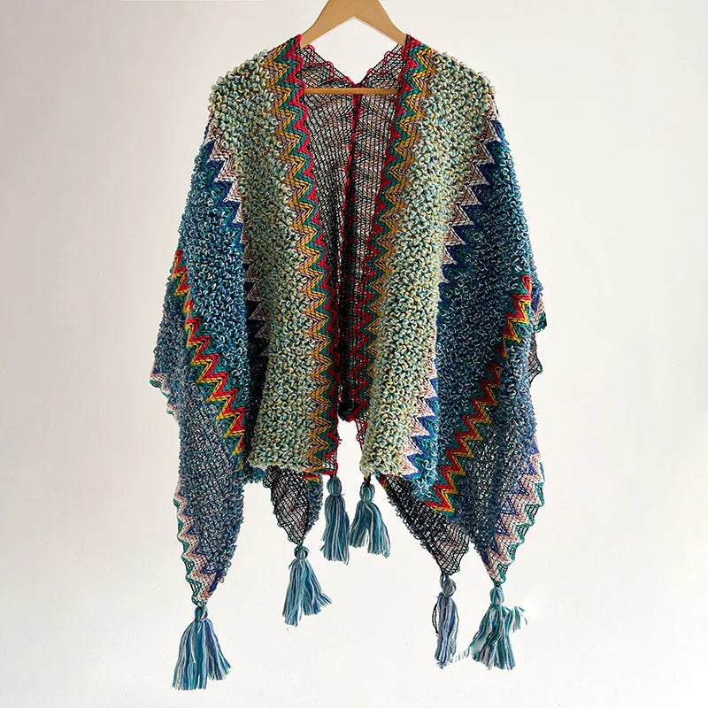 Zigzag Knit Tassel Poncho for Layering over Outfits