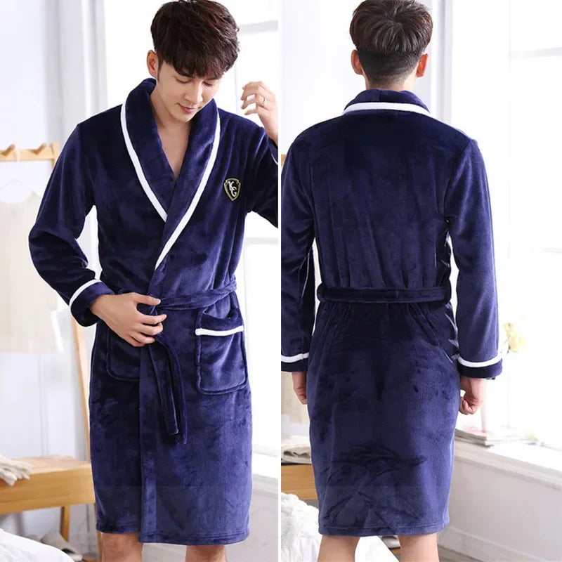Men's Flannel Fleece Lapel Collar Tie Waist Bathrobe