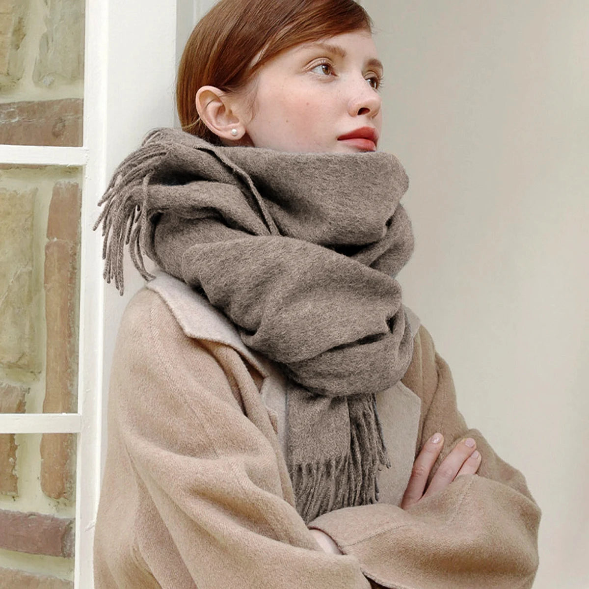 Solid Long Wool Scarf with Decorative Fringed Ends