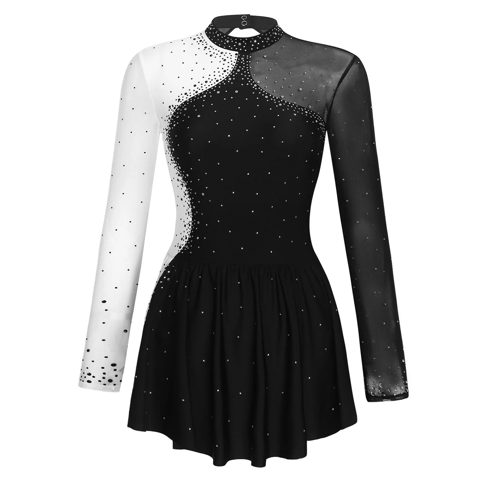 Women's Long Sleeve Rhinestone Dance Dress with Mesh and Open Back