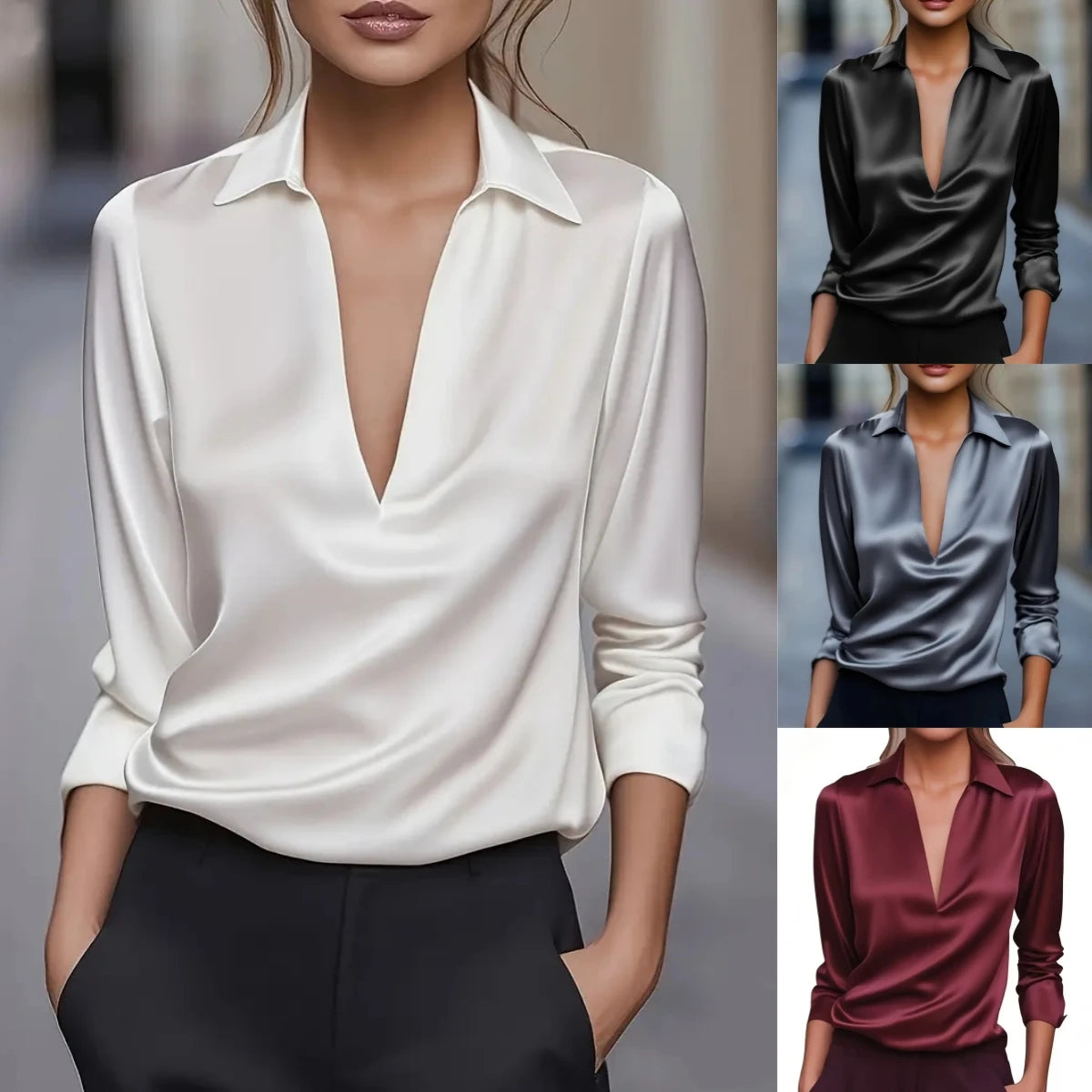 Women's Satin Look Cowl Neck Long Sleeve Blouse