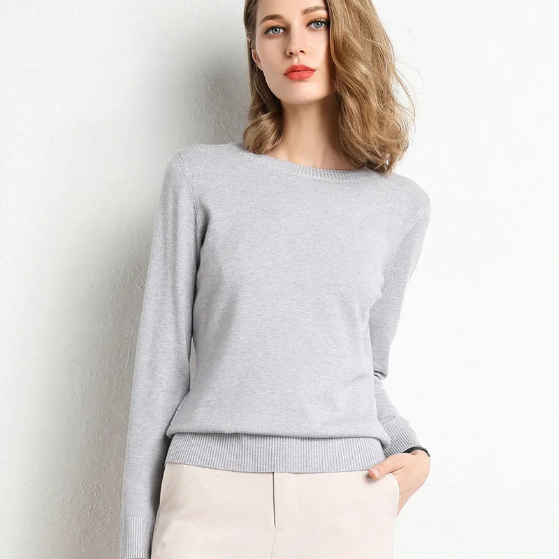Women's Plain Crew Neck Long Sleeve Sweater Casual Knit Layer