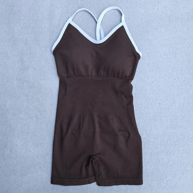 Women's Cross Back Nylon Blend Workout Romper with White Trim and Short Legs