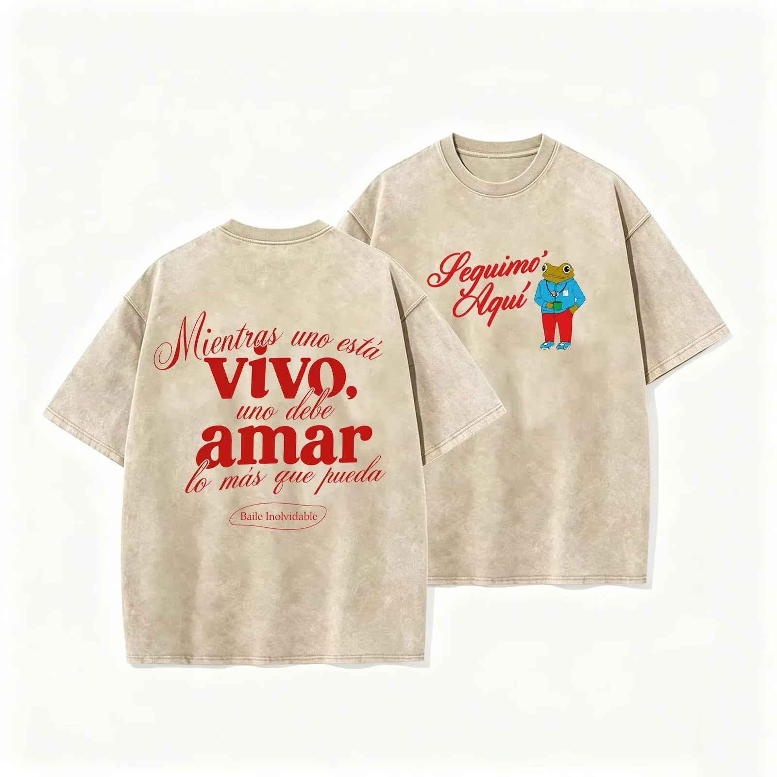 Vintage Washed Black Seguimo Aqui Frog Spanish Slogan Front Back Print Casual T Shirt