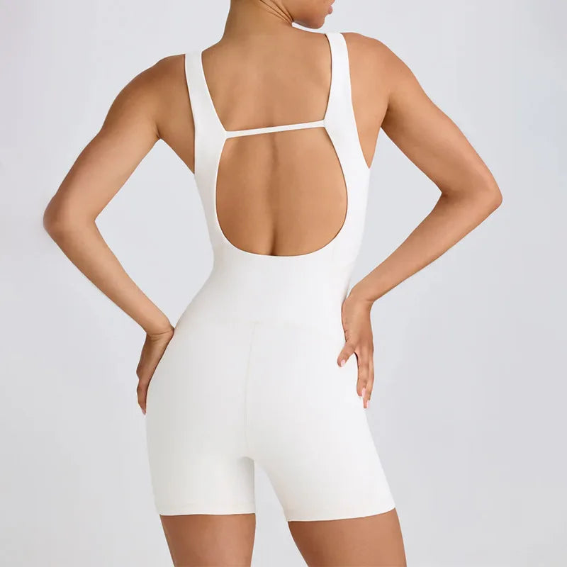 Women's Scoop Neck Nylon Blend Romper with Wide Shoulder Straps